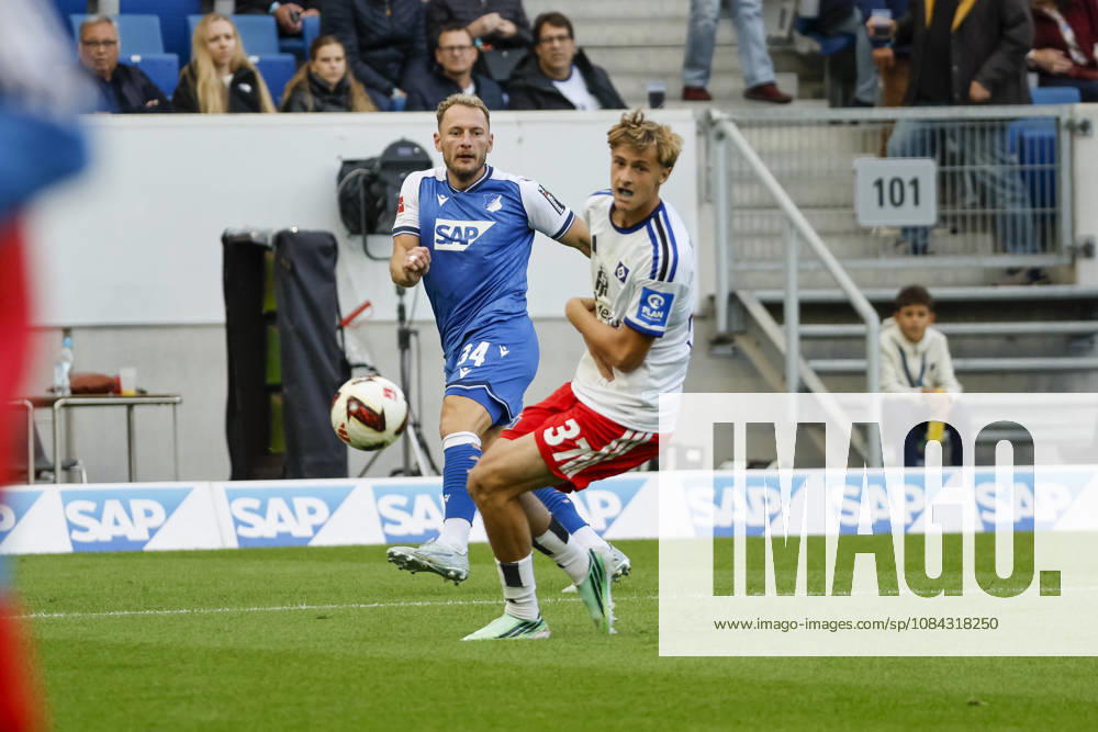 Vladimir Coufal of TSG Hoffenheim, 34, and Louis Lemke of Hamburger SV, 37, battling for the ball, Germany, soccer, Bundesliga 1, Matchday 5, 2026–2027, TSG Hoffenheim vs. Hamburger SV, October 10, 2026, Sinsheim SNP Arena, Germany
