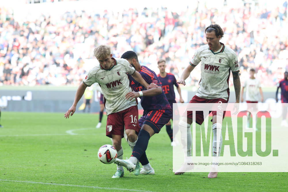 Hennes Behrens (FC Augsburg), 16, with Ismael Saibari (FC Bayern Munich), 34, and Calvin Brackelmann (FC Augsburg), 02, GER, FC Augsburg vs. FC Bayern Munich, Soccer, Bundesliga, Matchday 5, 2026–2027 Season, October 10, 2026, DFL and DFB regulations prohibit any use of photographs as image sequences and or quasi-video, GER, FC Augsburg vs. FC Bayern Munich, soccer, Bundesliga, Matchday 5, 2026–2027 season, October 10, 2026, Augsburg