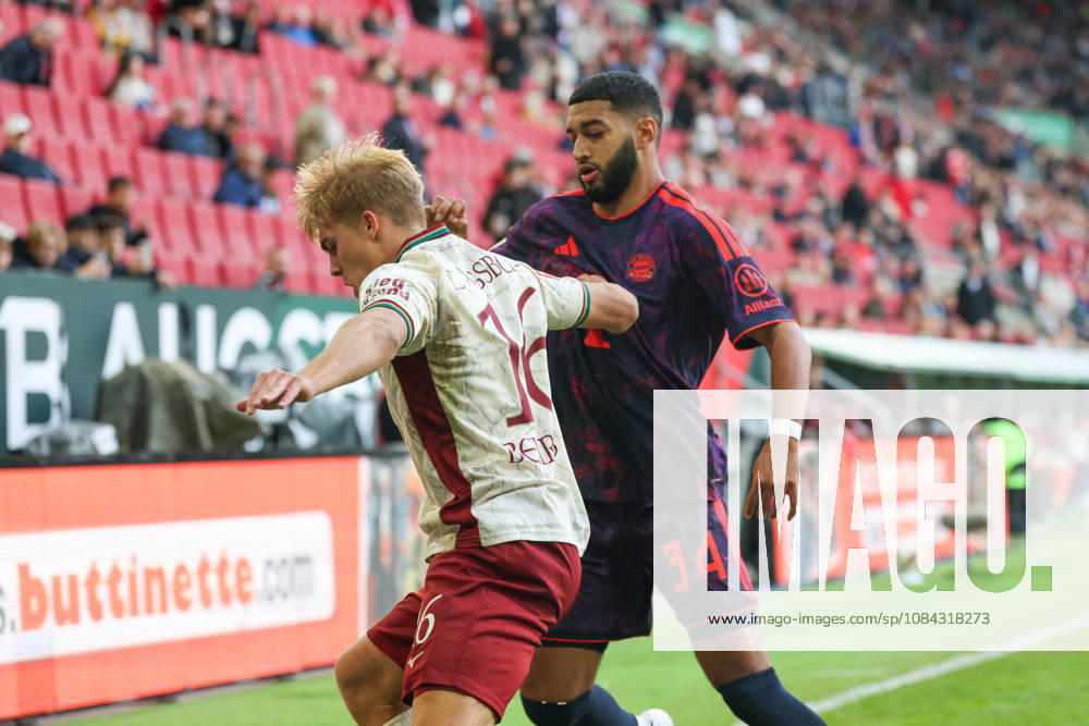 Hennes Behrens, FC Augsburg, 16, with Ismael Saibari, FC Bayern Munich, 34, GER, FC Augsburg vs. FC Bayern Munich, Soccer, Bundesliga, Matchday 5, 2026–2027 Season, October 10, 2026, DFL and DFB regulations prohibit any use of photographs as image sequences and or quasi-video, GER, FC Augsburg vs. FC Bayern Munich, soccer, Bundesliga, Matchday 5, 2026–2027 season, October 10, 2026, Augsburg