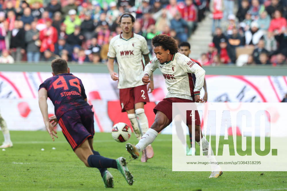 Han Noah Massengo (FC Augsburg, 04) with Josip Stanisic (FC Bayern Munich, 44), GER, FC Augsburg vs. FC Bayern Munich, Soccer, Bundesliga, Matchday 5, 2026–2027 Season, October 10, 2026, DFL and DFB regulations prohibit any use of photographs as image sequences and or quasi-video, GER, FC Augsburg vs. FC Bayern Munich, soccer, Bundesliga, Matchday 5, 2026–2027 season, October 10, 2026, Augsburg