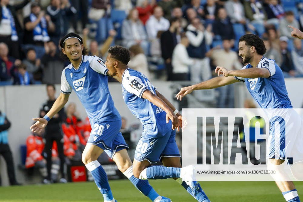 TSG Hoffenheim celebrates a goal after Bambase Conte scores to make it 2–1 for TSG Hoffenheim, 20, joy, excitement, positive emotions, goal, Germany, soccer, Bundesliga 1, Matchday 5, 2026–2027, TSG Hoffenheim vs. Hamburger SV, October 10, 2026, Sinsheim SNP Arena, Germany