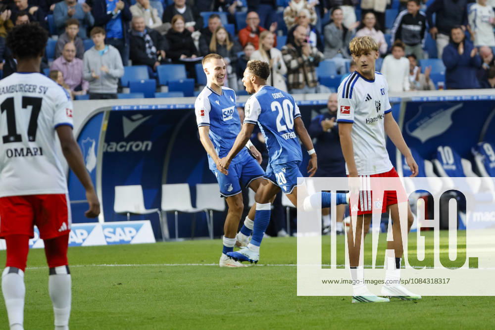 TSG Hoffenheim celebrates a goal after Bambase Conte scores to make it 2–1 for TSG Hoffenheim, 20, joy, excitement, positive emotions, goal, Germany, soccer, Bundesliga 1, Matchday 5, 2026–2027, TSG Hoffenheim vs. Hamburger SV, October 10, 2026, Sinsheim SNP Arena, Germany