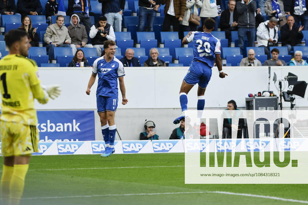 TSG Hoffenheim celebrates a goal after Bambase Conte scores to make it 2–1 for TSG Hoffenheim, 20, joy, excitement, positive emotions, goal, Germany, soccer, Bundesliga 1, Matchday 5, 2026–2027, TSG Hoffenheim vs. Hamburger SV, October 10, 2026, Sinsheim SNP Arena, Germany