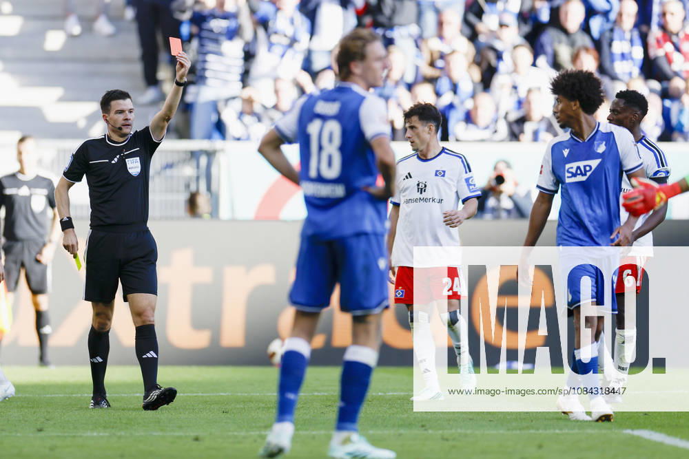 Referee Harm Osmers shows Bernardo of TSG Hoffenheim a yellow-red card—red card, ejection, two-card dismissal—during the Bundesliga match between TSG 1899 Hoffenheim and Hamburger SV at the PreZero Arena, Sinsheim, Germany, on October 10, 2026, in action during the Bundesliga match between TSG 1899 Hoffenheim and Hamburger SV at the PreZero Arena, Sinsheim, Germany, on October 10, 2026. DFB and DFL regulations prohibit any use of photographs as image sequences and or quasi-video,