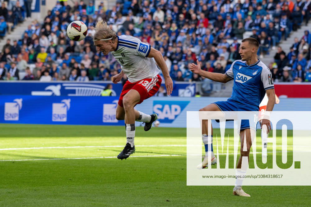 Sebastiaan Bornauw (Hamburger SV) and Tim Lemperle (TSG 1899 Hoffenheim), Germany, Sinsheim, October 10, 2026, Soccer, Bundesliga: TSG 1899 Hoffenheim vs. Hamburger SV, 2026–2027 season, Matchday 5, SNP Arena. DFL and DFB regulations prohibit any use of photographs as image sequences and or quasi-video.