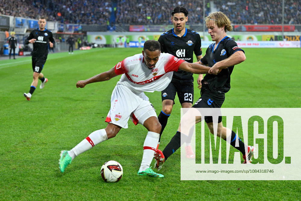 Paderborn, Home Deluxe Arena, October 10, 2026, GER, Men s, 1st Bundesliga, 2026–2027 Season, SC Paderborn 07 vs. VfB Stuttgart. Pictured from left in a tackle: Jamie LEWELING (Stuttgart) and Mattes HANSEN (Paderborn). DFL regulations prohibit any use of photographs as image sequences and or quasi-video. North Rhine-Westphalia, Germany