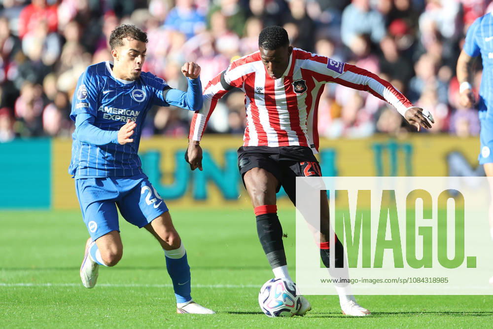 10th October 2026; Stadium of Light, Sunderland, England; Premier League Football, Sunderland versus Brighton and Hove Albion; Nordi Mukiele of Sunderland holds off Yasin Ayari of Brighton and Hove Albion DavexLofthouse