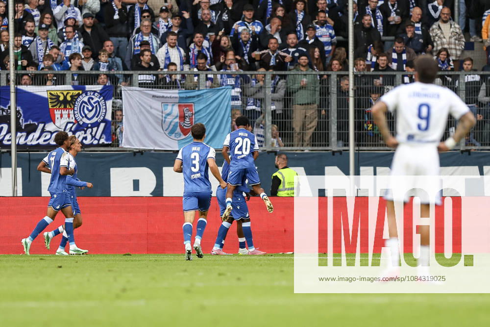 Germany, Soccer, Men s, 3rd Division, 2026–2027 Season, MSV Duisburg vs. TSG Hoffenheim II, Blessing Miguel Makanda, TSG II goal celebration, celebrating with his team after scoring the 0–2 goal, Duisburg, Schauinsland, Reisen Arena, North Rhine-Westphalia, Germany