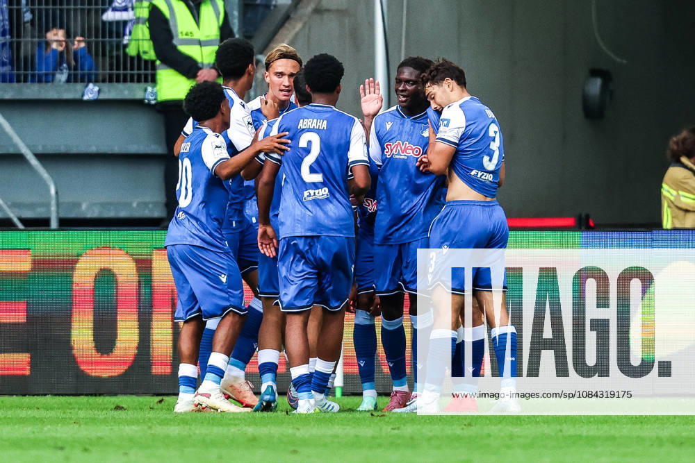 Sports, Soccer, 3rd Division, 2026–2027 Season, Matchday 8: MSV Duisburg vs. TSG 1899 Hoffenheim II, October 10, 2026, Schauinsland Reisen Arena: TSG 1899 Hoffenheim II celebrates after scoring the 1–0 goal via an own goal by Tobias Fleckstein of MSV Duisburg, 5; the Hoffenheim players celebrate at the Schauinsland Reisen Arena in Duisburg, North Rhine-Westphalia, Germany