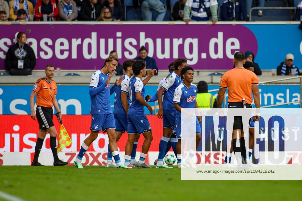 Germany, Soccer, Men s, 3rd Division, 2026–2027 Season, MSV Duisburg vs. TSG Hoffenheim II, Blessing Maleko Makanda (TSG II) celebrates the goal, cheering with his teammates after scoring to make it 0–2