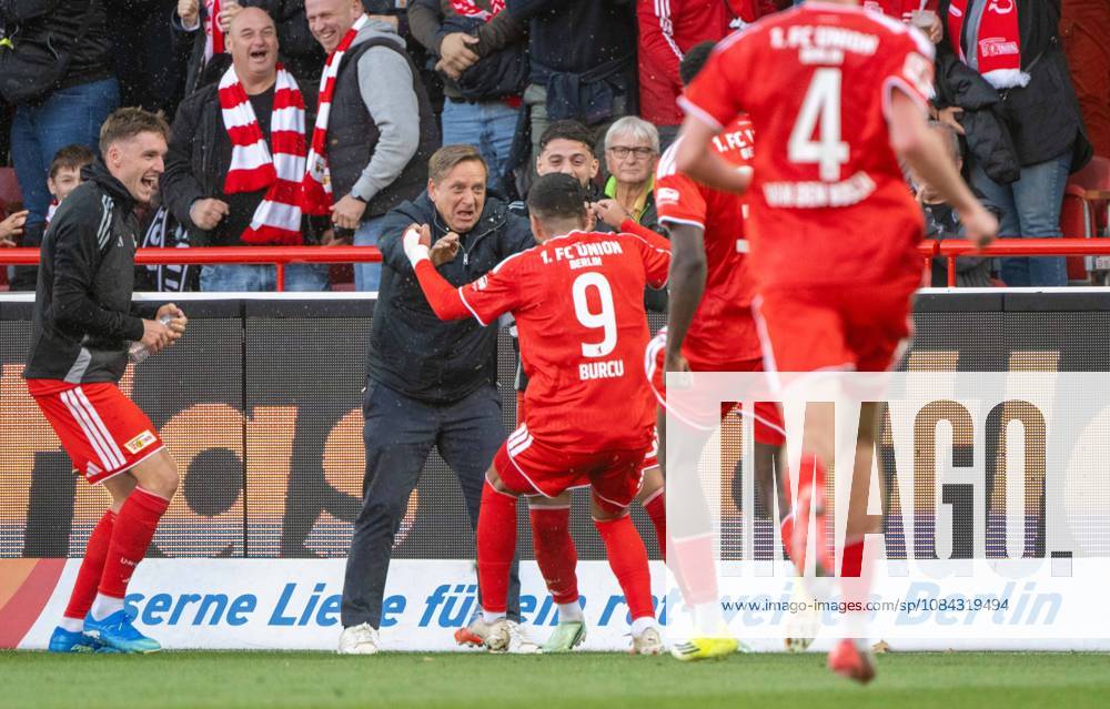 Soccer, Men s, 2026–2027 Season, Bundesliga 1, Matchday 5, 1. FC Union Berlin vs. SV 07 Elversberg, from left: Michel Aebischer (1. FC Union), Horst Heldt (Managing Director of Professional Soccer, 1. FC Union Berlin), Livan Burcu (1. FC Union Berlin), celebrating after scoring the 1–0 goal, October 10, 2026,
