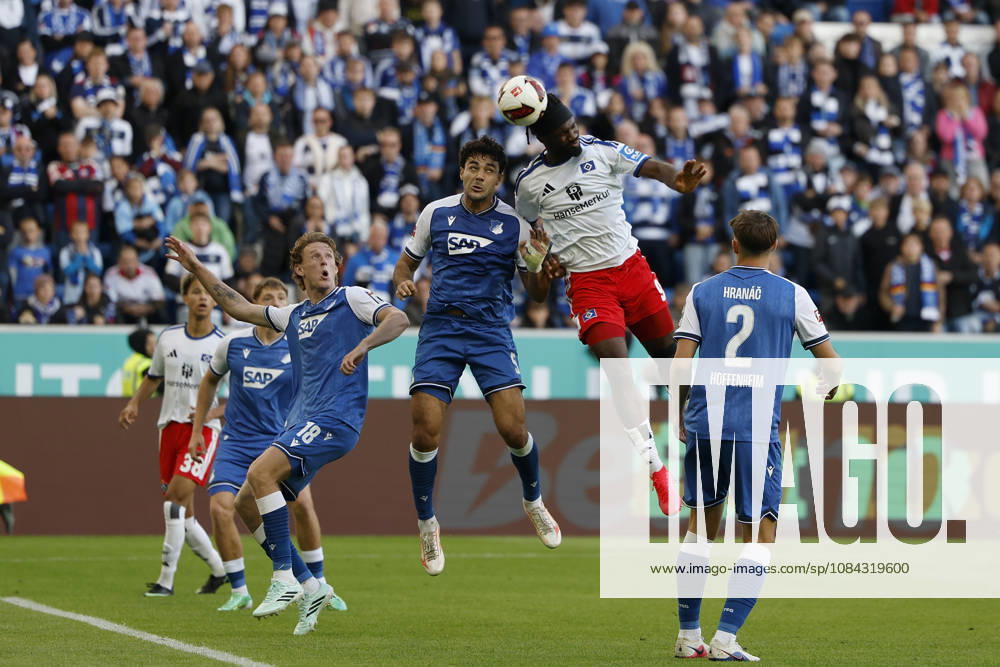 Terem Moffi of HSV outjumps Ozan Kabak of TSG Hoffenheim to head the ball into the net, scoring the goal to tie the game at 2–2, and celebrates the goal in the Bundesliga match between TSG 1899 Hoffenheim and Hamburger SV at the PreZero Arena, Sinsheim, Germany, on October 10, 2026, in action during the Bundesliga match between TSG 1899 Hoffenheim and Hamburger SV at the PreZero Arena, Sinsheim, Germany, on October 10, 2026. DFB and DFL regulations prohibit any use of photographs as image sequences and or quasi-video,