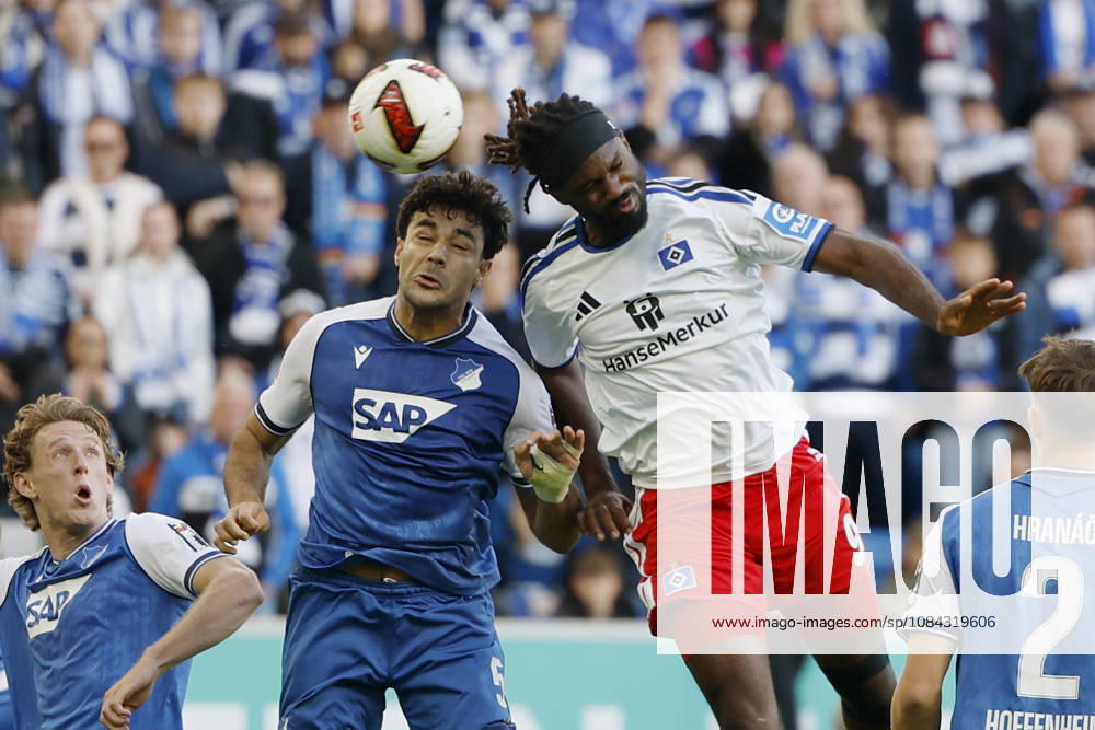 Terem Moffi of HSV outjumps Ozan Kabak of TSG Hoffenheim to head the ball into the net, scoring the goal to tie the game at 2–2, and celebrates the goal in the Bundesliga match between TSG 1899 Hoffenheim and Hamburger SV at the PreZero Arena, Sinsheim, Germany, on October 10, 2026, in action during the Bundesliga match between TSG 1899 Hoffenheim and Hamburger SV at the PreZero Arena, Sinsheim, Germany, on October 10, 2026. DFB and DFL regulations prohibit any use of photographs as image sequences and or quasi-video,