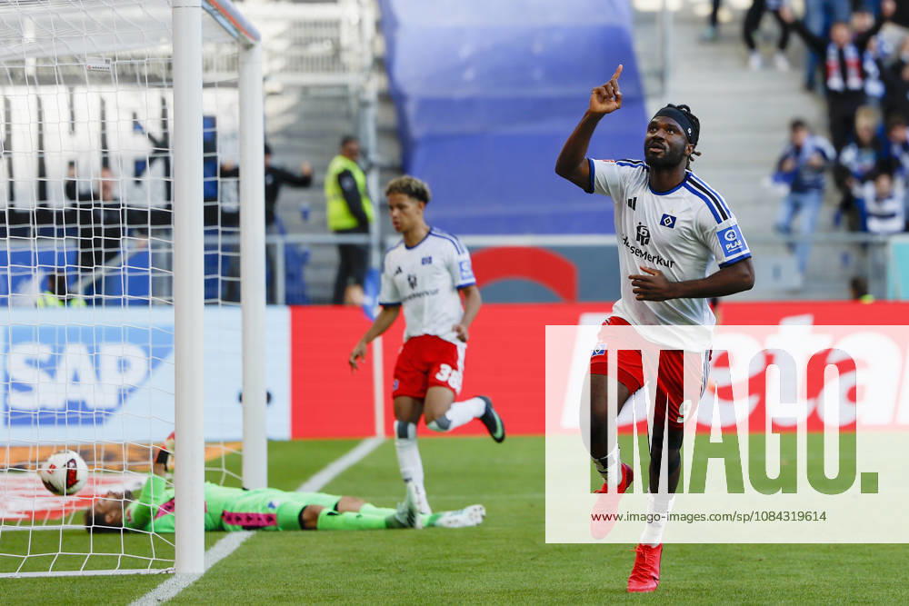 Goal Scorer: Terem Moffi (HSV), Celebrating after his goal to tie the game at 2–2, cheering, celebrated, cheers, cheering, emotions during the Bundesliga match between TSG 1899 Hoffenheim and Hamburger SV at the PreZero Arena, Sinsheim, Germany, on October 10, 2026, in action during the Bundesliga match between TSG 1899 Hoffenheim and Hamburger SV at the PreZero Arena, Sinsheim, Germany, on October 10, 2026. DFB and DFL regulations prohibit any use of photographs as image sequences and or quasi-video,