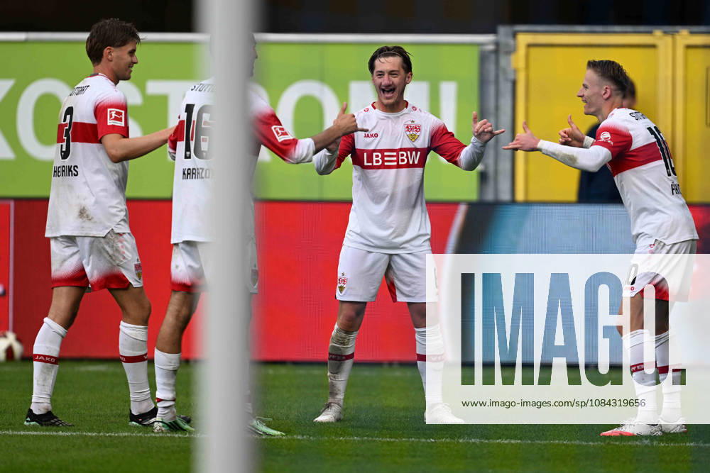 Paderborn, Home Deluxe Arena, October 10, 2026, GER, Men’s, 1st Bundesliga, 2026–2027 Season, SC Paderborn 07 vs. VfB Stuttgart. Photo by Chris FUEHRICH. Stuttgart celebrates after scoring the 0–2 goal. DFL regulations prohibit any use of photographs as image sequences and or quasi-video. North Rhine-Westphalia, Germany