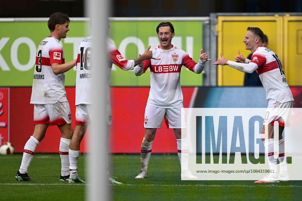 Paderborn, Home Deluxe Arena, October 10, 2026, GER, Men’s, 1st Bundesliga, 2026–2027 Season, SC Paderborn 07 vs. VfB Stuttgart. Photo by Chris FUEHRICH. Stuttgart celebrates after scoring the 0–2 goal. DFL regulations prohibit any use of photographs as image sequences and or quasi-video. North Rhine-Westphalia, Germany