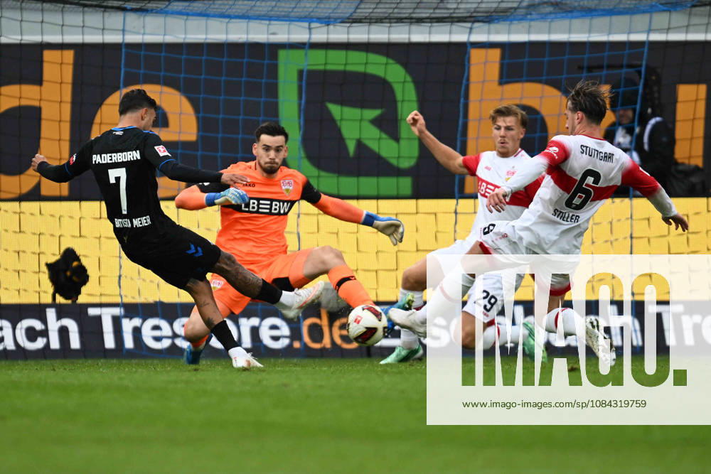 Paderborn, Home Deluxe Arena, October 10, 2026, GER, Men s, 1st Bundesliga, 2026–2027 Season, SC Paderborn 07 vs. VfB Stuttgart Photo: Scoring chance by Oliver BATISTA MEIER; Paderborn goalkeeper Dennis SEIMEN (Stuttgart) makes the save. DFL regulations prohibit any use of photographs as image sequences and or quasi-video. North Rhine-Westphalia, Germany