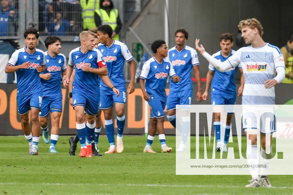The Hoffenheim team: Celebrations, Joy, Emotion, Goal Celebrations, Goal Scorers, Goal Scorer Tobias Fleckstein, Duisburg 5, Own Goal 10, 10, 2026 ¢ Soccer ¢ MSV Duisburg vs. TSG 1899 Hoffenheim II, Schauinsland Reisen Arena, Duisburg, DFB DFL REGULATIONS PROHIBIT ANY USE OF PHOTOGRAPHS AS IMAGE SEQUENCES AND OR QUASI-VIDEO NRW Germany
