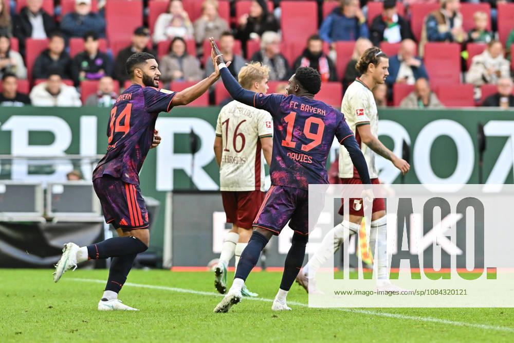 AUGSBURG, GERMANY; 10. OCTOBER: Bayern Munich celebrating the goal to makes 1-1 by Ismael SAIBARI (FC Bayern Munich 34) Tor Torschuetze Freude during the Bundesliga Match between FC Augsburg vs. FC Bayern Munich at Matchday 5 at WWK-Arena DFL REGULATIONS PROHIBIT ANY USE OF PHOTOGRAPHS AS IMAGE SEQUENCES AND OR QUASI-VIDEO