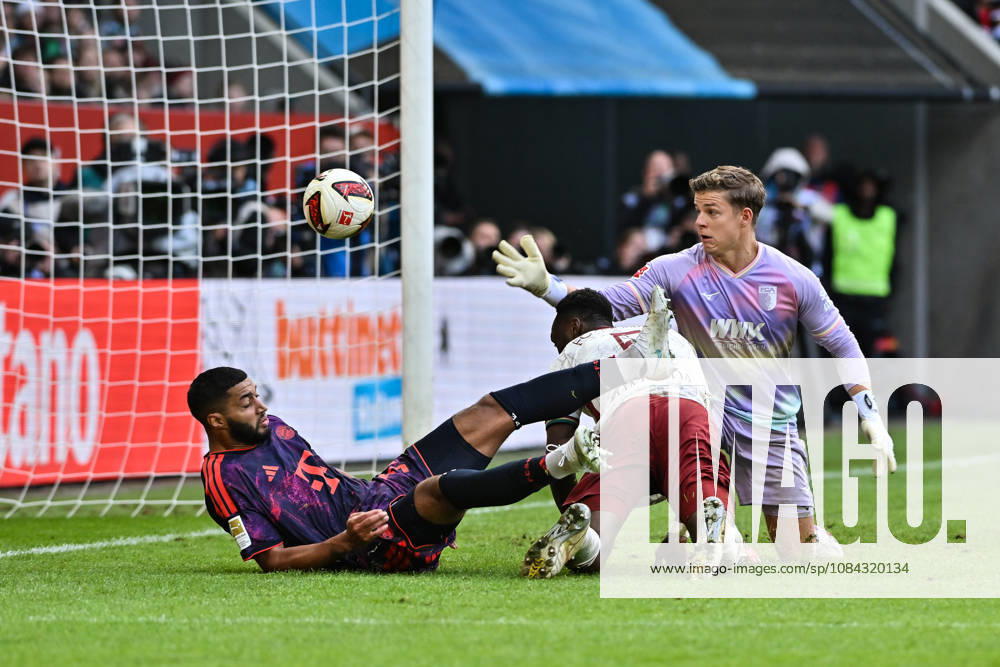 AUGSBURG, GERMANY; 10. OCTOBER: Ismael SAIBARI (FC Bayern Munich 34), Chrislain MATSIMA (FC Augsburg 5) und Finn DAHMEN (FC Augsburg 1) during the Bundesliga Match between FC Augsburg vs. FC Bayern Munich at Matchday 5 at WWK-Arena DFL REGULATIONS PROHIBIT ANY USE OF PHOTOGRAPHS AS IMAGE SEQUENCES AND OR QUASI-VIDEO