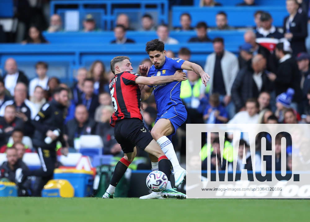 10th October 2026; Stamford Bridge, London, England; Premier League Football, Chelsea versus Bournemouth; Joao Pedro of Chelsea under pressure from Adrien Truffert of AFC Bournemouth JohnxPatrickxFletcher