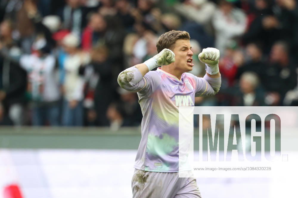 Finn Dahmen, FC Augsburg, No. 01, celebrates the goal that makes it 2–1; celebration, emotion; GER; FC Augsburg vs. FC Bayern Munich; soccer; Bundesliga; Matchday 5; 2026–2027 season; October 10, 2026, DFL and DFB regulations prohibit any use of photographs as image sequences and or quasi-video, GER, FC Augsburg vs. FC Bayern Munich, soccer, Bundesliga, Matchday 5, 2026–2027 season, October 10, 2026, Augsburg