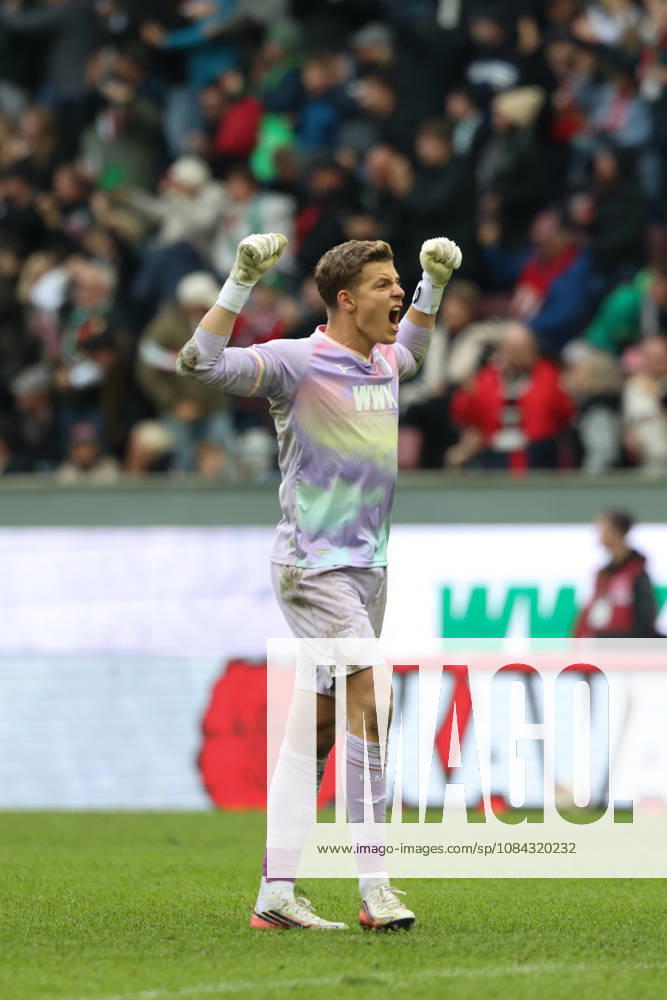 Finn Dahmen, FC Augsburg, No. 01, celebrates the goal that makes it 2–1; celebration, emotion; GER; FC Augsburg vs. FC Bayern Munich; soccer; Bundesliga; Matchday 5; 2026–2027 season; October 10, 2026, DFL and DFB regulations prohibit any use of photographs as image sequences and or quasi-video, GER, FC Augsburg vs. FC Bayern Munich, soccer, Bundesliga, Matchday 5, 2026–2027 season, October 10, 2026, Augsburg