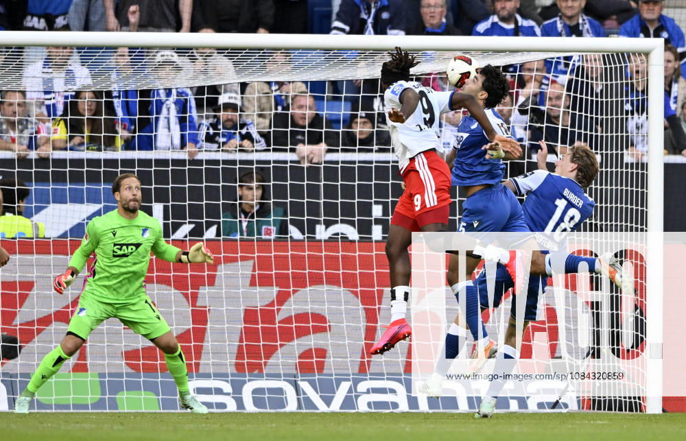 GOAL: 2-2 Terem Moffi, Hamburger SV (HSV) 09, shot on goal, scoring chance, header duel, tackle against Ozan Kabak, TSG 1899 Hoffenheim 05, Wouter Burger, TSG 1899 Hoffenheim 18, goalkeeper Oliver Baumann, TSG 1899 Hoffenheim 01 TSG 1899 Hoffenheim vs. Hamburger SV HSV 10 10 2026 DFL regulations prohibit any use of photographs as image sequences and or quasi-video TSG 1899 Hoffenheim vs. Hamburger SV (HSV)