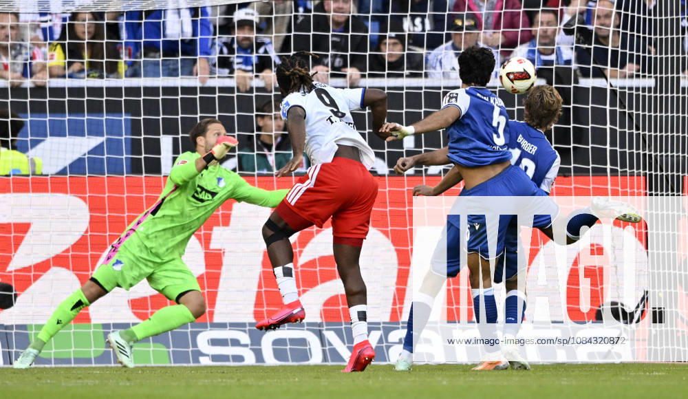 GOAL: 2-2 Terem Moffi Hamburger SV (HSV) 09 Shot on goal, play, scoring chance, header duel, tackle, play against Ozan Kabak TSG 1899 Hoffenheim 05 Wouter Burger TSG 1899 Hoffenheim 18 Goalkeeper Oliver Baumann TSG 1899 Hoffenheim 01 TSG 1899 Hoffenheim vs. Hamburger SV HSV 10 10 2026 DFL regulations prohibit any use of photographs as image sequences and or quasi-video TSG 1899 Hoffenheim vs. Hamburger SV (HSV)
