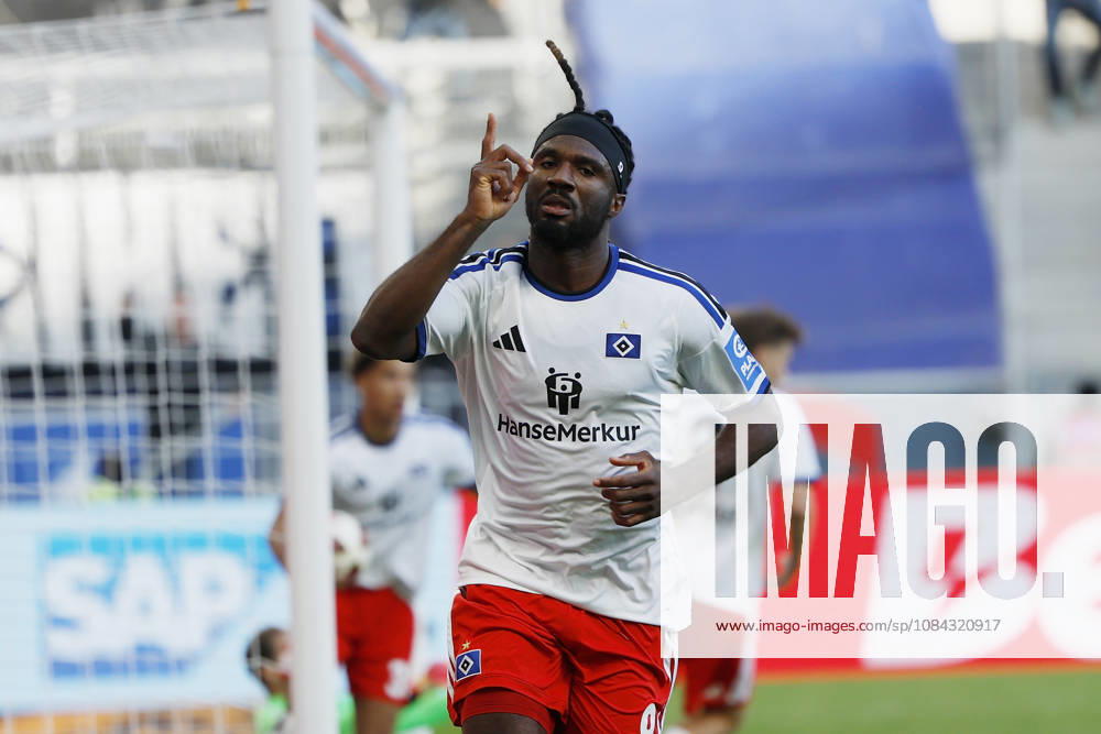 Terem Moffi of HSV outjumps Ozan Kabak of TSG Hoffenheim to head the ball into the net, scoring the goal to tie the game at 2–2, and celebrates the goal in the Bundesliga match between TSG 1899 Hoffenheim and Hamburger SV at the PreZero Arena, Sinsheim, Germany, on October 10, 2026, in action during the Bundesliga match between TSG 1899 Hoffenheim and Hamburger SV at the PreZero Arena, Sinsheim, Germany, on October 10, 2026. DFB and DFL regulations prohibit any use of photographs as image sequences and or quasi-video,
