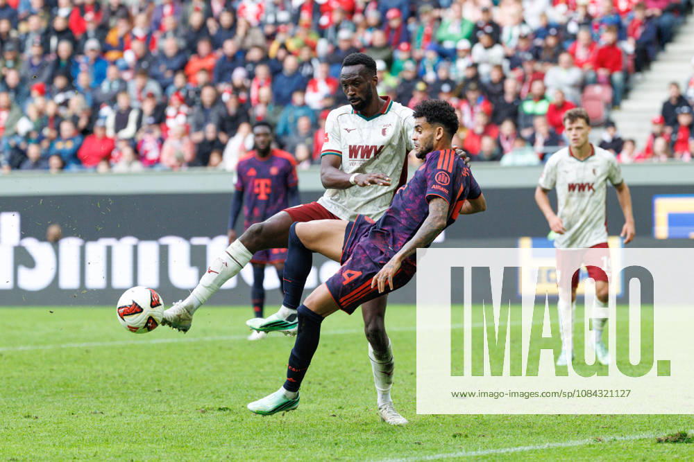 Chrislain Matsima 5, FC Augsburg, and Luis Diaz 14, FC Bayern Munich, during the match between FC Augsburg and FC Bayern Munich, soccer, men s, Bundesliga, 2026–2027, Matchday 5 on October 10, 2026, in Augsburg, WWK ARENA. DFL and DFB regulations prohibit any use of photographs as image sequences and or quasi-video. Bavaria, Germany