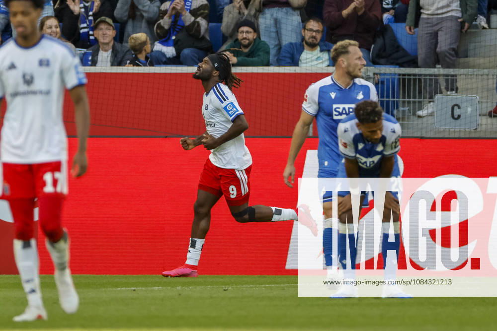 Hamburger SV celebrates Terem Moffi s goal to tie the game at 2–2; Hamburger SV, 09; joy, excitement, positive emotions, goal, Germany, soccer, Bundesliga 1, Matchday 5, 2026–2027, TSG Hoffenheim vs. Hamburger SV, October 10, 2026, Sinsheim SNP Arena, Germany