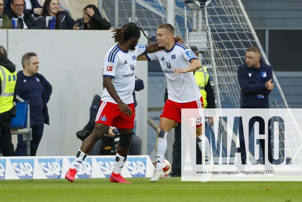 Hamburger SV celebrates Terem Moffi s goal to tie the game at 2–2; Hamburger SV, 09; joy, excitement, positive emotions, goal, Germany, soccer, Bundesliga 1, Matchday 5, 2026–2027, TSG Hoffenheim vs. Hamburger SV, October 10, 2026, Sinsheim SNP Arena, Germany
