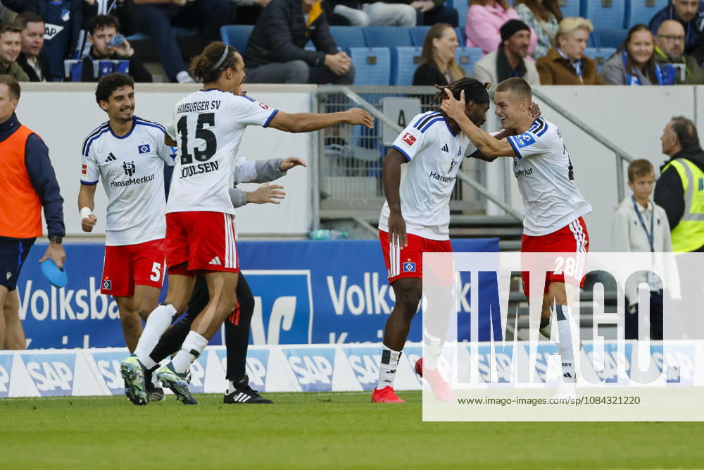 Hamburger SV celebrates Terem Moffi s goal to tie the game at 2–2; Hamburger SV, 09; joy, excitement, positive emotions, goal, Germany, soccer, Bundesliga 1, Matchday 5, 2026–2027, TSG Hoffenheim vs. Hamburger SV, October 10, 2026, Sinsheim SNP Arena, Germany