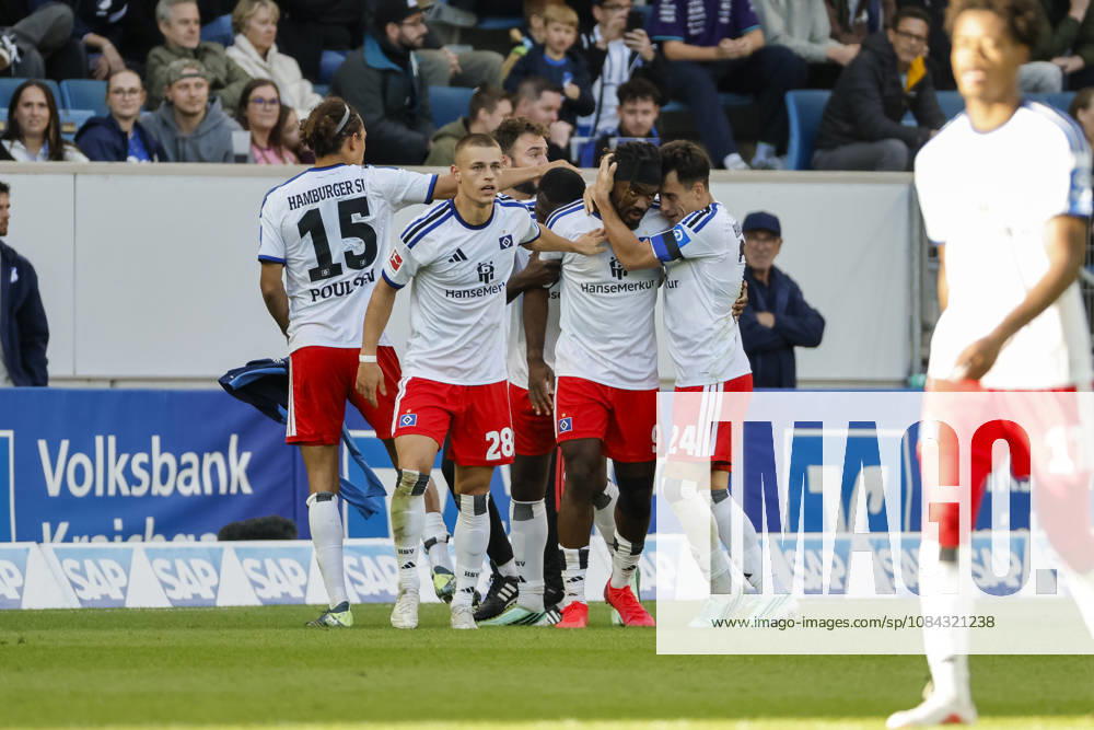 Hamburger SV celebrates Terem Moffi s goal to tie the game at 2–2; Hamburger SV, 09; joy, excitement, positive emotions, goal, Germany, soccer, Bundesliga 1, Matchday 5, 2026–2027, TSG Hoffenheim vs. Hamburger SV, October 10, 2026, Sinsheim SNP Arena, Germany