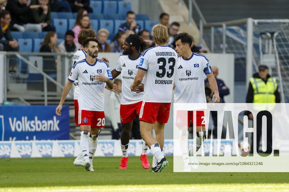 Hamburger SV celebrates Terem Moffi s goal to tie the game at 2–2; Hamburger SV, 09; joy, excitement, positive emotions, goal, Germany, soccer, Bundesliga 1, Matchday 5, 2026–2027, TSG Hoffenheim vs. Hamburger SV, October 10, 2026, Sinsheim SNP Arena, Germany