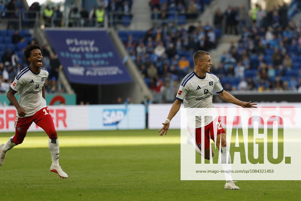 From left to right: Warmed Omari (HSV) and goal scorer Miro Muheim (HSV), Celebrations after the goal that made it 2–3, cheering, celebrated, cheers, cheering, emotions during the Bundesliga match between TSG 1899 Hoffenheim and Hamburger SV at the PreZero Arena, Sinsheim, Germany, on October 10, 2026, in action during the Bundesliga match between TSG 1899 Hoffenheim and Hamburger SV at the PreZero Arena, Sinsheim, Germany, on October 10, 2026. DFB and DFL regulations prohibit any use of photographs as image sequences and or quasi-video,