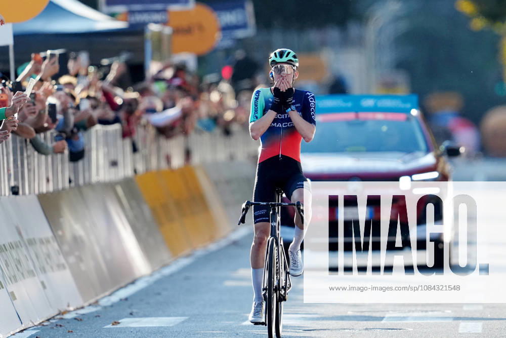 France s Paul Seixas of Decathlon CMA CGM Team celebrates as he cycles to the finish line to win during the 120th edition of the Il Lombardia, Tour of Lombardy cycling race, a 239 km one day race from Bergamo to Como on October 10, 2026, Italy.