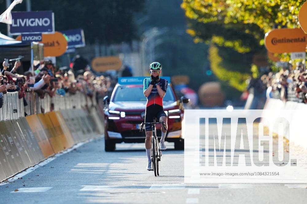 France s Paul Seixas of Decathlon CMA CGM Team celebrates as he cycles to the finish line to win during the 120th edition of the Il Lombardia, Tour of Lombardy cycling race, a 239 km one day race from Bergamo to Como on October 10, 2026, Italy.