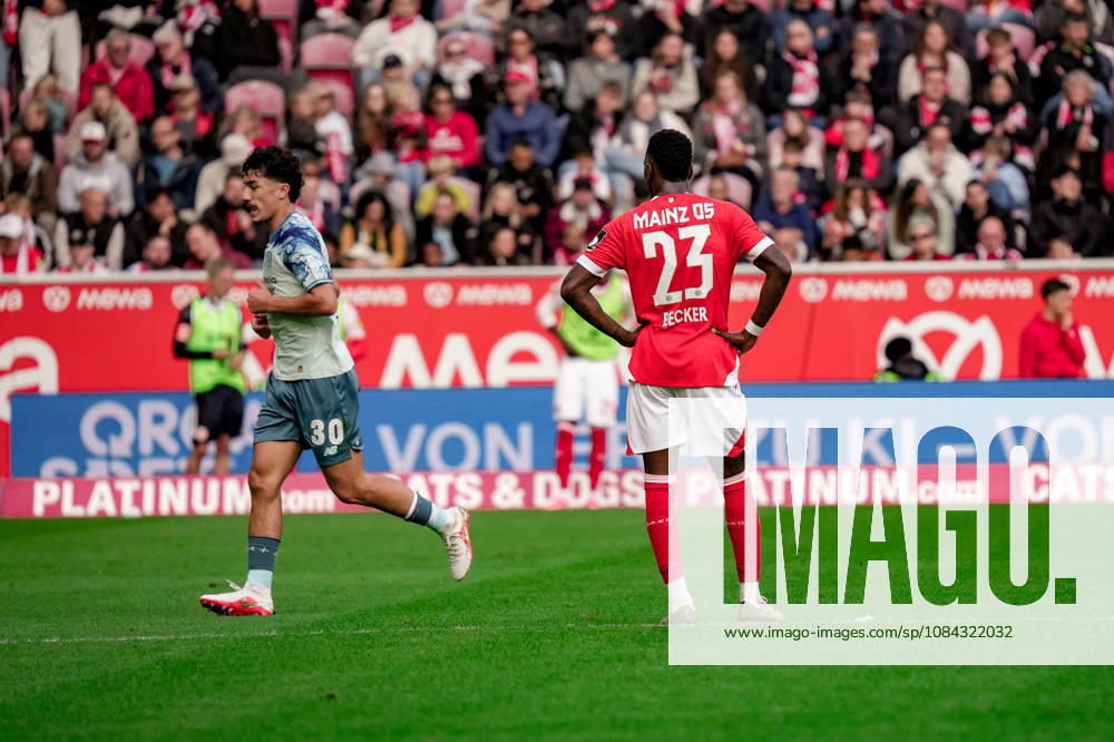 Germany Soccer Season 2026–2027, 1. Bundesliga, Matchday 5, 1. FSV Mainz 05 vs. Bayer 04 Leverkusen, MEWA Arena, Mainz; Sheraldo Becker (1. FSV Mainz 05, 23) and Ibrahim Maza (Bayer 04 Leverkusen, 30); Mainz, MEWA Arena, Germany