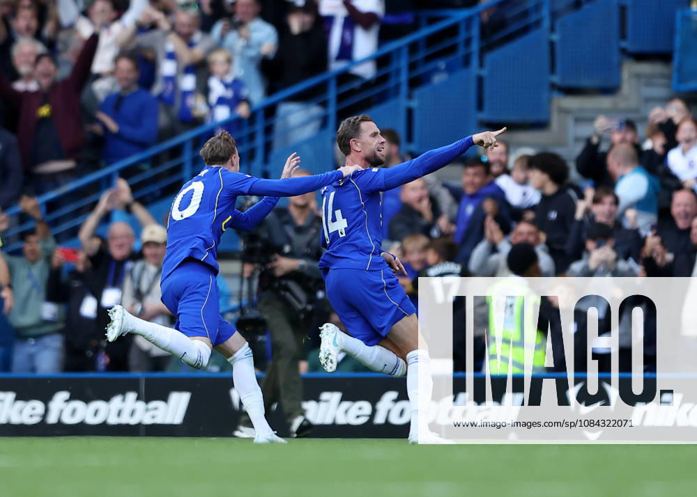 10th October 2026; Stamford Bridge, London, England; Premier League Football, Chelsea versus Bournemouth; Jordan Henderson of Chelsea celebrates after scoring his sides 5th goal from a direct free kick in the 70th minute to make it 5-1 with Cole Palmer of Chelsea JohnxPatrickxFletcher