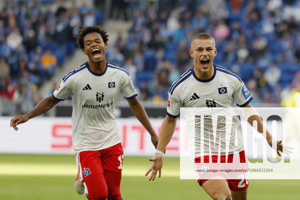 From left to right: Warmed Omari (HSV) and goal scorer Miro Muheim (HSV), Celebrations after the goal that made it 2–3, cheering, celebrated, cheers, cheering, emotions during the Bundesliga match between TSG 1899 Hoffenheim and Hamburger SV at the PreZero Arena, Sinsheim, Germany, on October 10, 2026, in action during the Bundesliga match between TSG 1899 Hoffenheim and Hamburger SV at the PreZero Arena, Sinsheim, Germany, on October 10, 2026. DFB and DFL regulations prohibit any use of photographs as image sequences and or quasi-video,