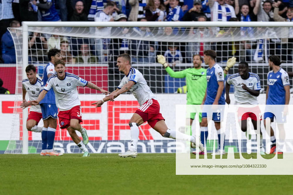 Goal scorer Miro Muheim (HSV), 28, a player for Hamburger SV (HSV), celebrates the goal that made the score 2–3, Celebration, cheering, goal celebration, goal scored, celebrate the goal, goal, celebration, celebrating the goal, joy, happiness, happy, optimistic, positive, game scene, highlight, single frame, single photo, action, 10 10 2026, Sinsheim, Germany, soccer, Bundesliga, TSG 1899 Hoffenheim vs. Hamburger SV, DFB and DFL regulations prohibit any use of photographs as image sequences and or quasi-video