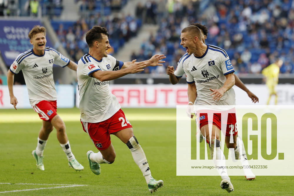 From left to right: David Moller Wolfe (HSV), Nicolas Capaldo (HSV), Warmed Omari (HSV), and goal scorer Miro Muheim (HSV), Celebrations after the goal that made it 2–3; cheering, celebrated, cheers, cheering, emotions during the Bundesliga match between TSG 1899 Hoffenheim and Hamburger SV at the PreZero Arena, Sinsheim, Germany, on October 10, 2026, in action during the Bundesliga match between TSG 1899 Hoffenheim and Hamburger SV at the PreZero Arena, Sinsheim, Germany, on October 10, 2026. DFB and DFL regulations prohibit any use of photographs as image sequences and or quasi-video,