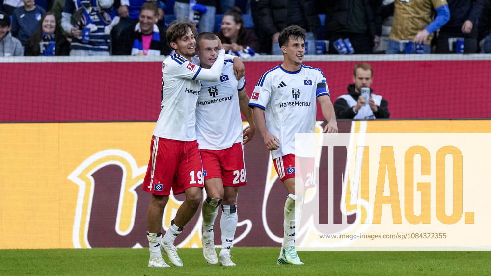 From left: Otto Stange (HSV), 19; goal scorer Miro Muheim (HSV), 28; Nicolas Capaldo (HSV), 24; players from Hamburger SV (HSV) celebrate the goal that made the score 2–3, Celebration, goal celebration, scoring a goal, celebrate the goal, goal, celebration, celebrating the goal, joy, happiness, happy, optimistic, positive, game scene, highlight, action, 10 10 2026, Sinsheim, Germany, soccer, Bundesliga, TSG 1899 Hoffenheim vs. Hamburger SV, DFB and DFL regulations prohibit any use of photographs as image sequences and or quasi-video