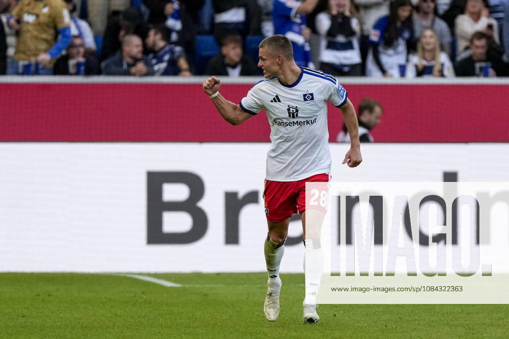 Goal scorer Miro Muheim (HSV), 28, a player for Hamburger SV (HSV), celebrates the goal that made the score 2–3; celebration, celebrating, goal celebration, goal scored, celebrate the goal, goal, celebration, celebrating the goal, joy, happiness, happy, optimistic, positive, game scene, highlight, cropped image, full-body shot, single frame, single photo, action, 10 10 2026, Sinsheim, Germany, soccer, Bundesliga, TSG 1899 Hoffenheim, Hamburger SV, DFB and DFL regulations prohibit any use of photographs as image sequences and or quasi-video