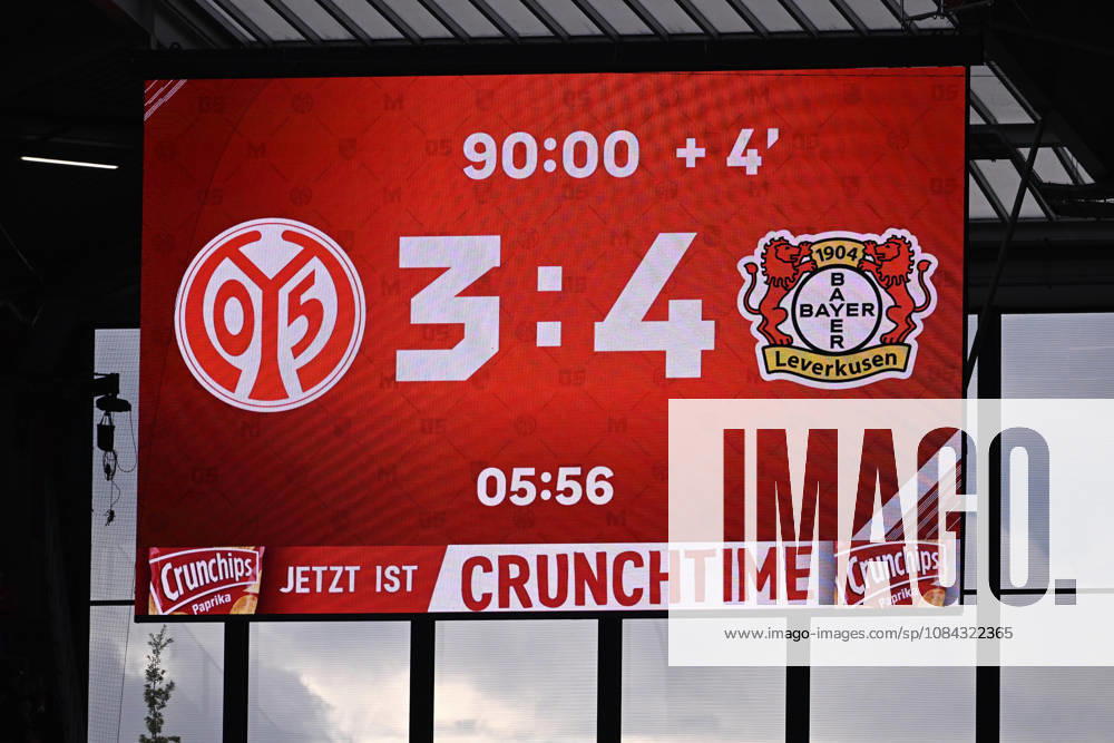 Soccer 1 Bundesliga, FSV Mainz 05 vs. Bayer 04 Leverkusen – Final score on the scoreboard. DFL and DFB regulations prohibit any use of photographs as image sequences and or quasi-video. Mainz