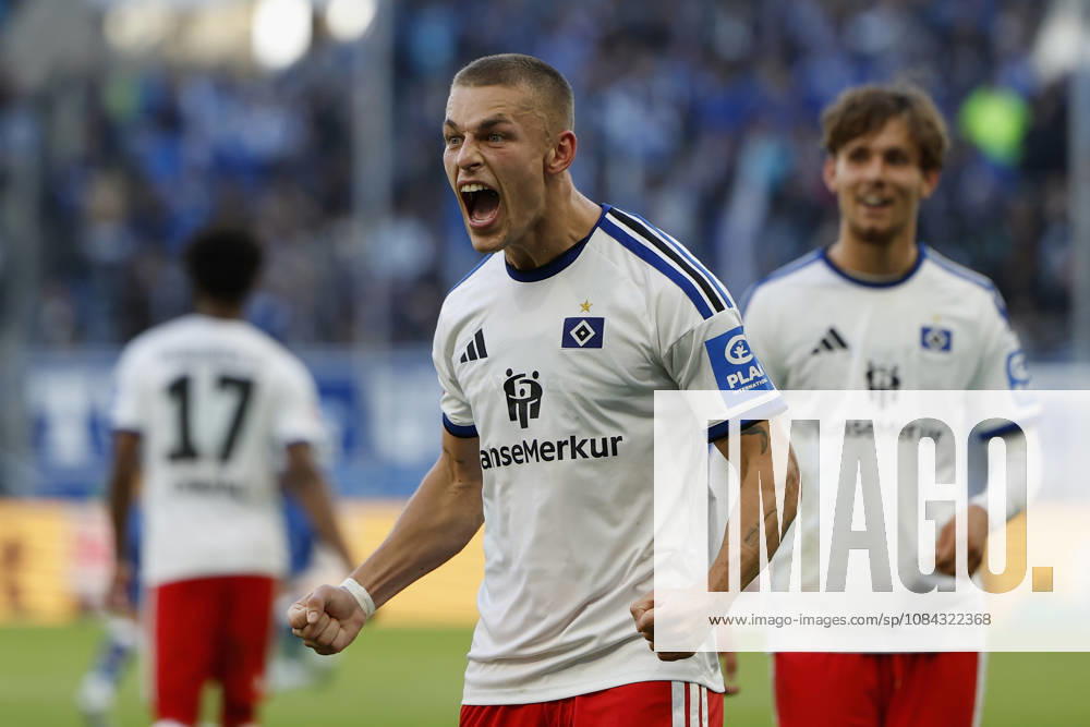 Goal scorer: Miro Muheim (HSV), Celebrating after his goal to make it 2–3, cheering, celebrated, cheers, cheering, emotions during the Bundesliga match between TSG 1899 Hoffenheim and Hamburger SV at the PreZero Arena, Sinsheim, Germany, on October 10, 2026, in action during the Bundesliga match between TSG 1899 Hoffenheim and Hamburger SV at the PreZero Arena, Sinsheim, Germany, on October 10, 2026. DFB and DFL regulations prohibit any use of photographs as image sequences and or quasi-video,