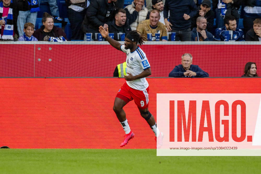 Goal celebration by goal scorer Terem Moffi, Hamburger SV Germany, Sinsheim, October 10, 2026, Soccer, Bundesliga: TSG 1899 Hoffenheim vs. Hamburger SV, 2026–2027 season, Matchday 5, SNP Arena. DFL and DFB regulations prohibit any use of photographs as image sequences and or quasi-video.