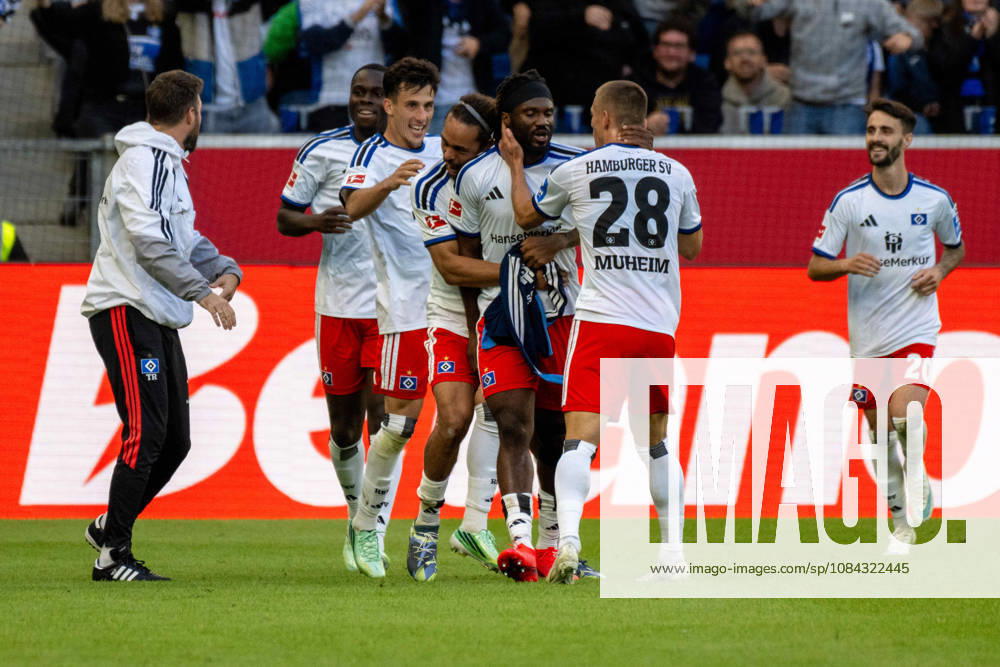 Goal celebration by goal scorer Terem Moffi, Hamburger SV Germany, Sinsheim, October 10, 2026, Soccer, Bundesliga: TSG 1899 Hoffenheim vs. Hamburger SV, 2026–2027 season, Matchday 5, SNP Arena. DFL and DFB regulations prohibit any use of photographs as image sequences and or quasi-video.
